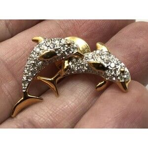 Swan Signed SWAROVSKI DOLPHIN Couple Pair Lapel Tack PIN BROOCH 1.25"